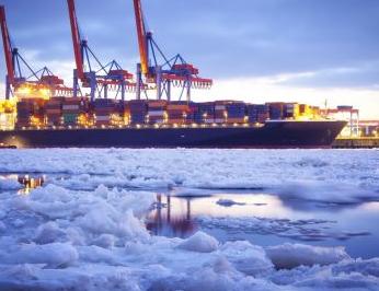 Container Ship in Port w Ice